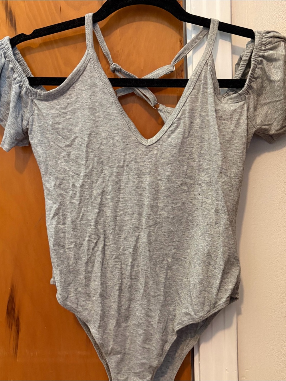 Somedays Lovin Grey Cold-Shoulder V-Neck Bodysuit with Crisscross Back